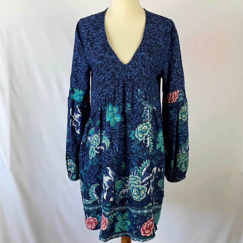 Billabong Boho Blue Floral Long Sleeve V-Neck Dress - Size Small